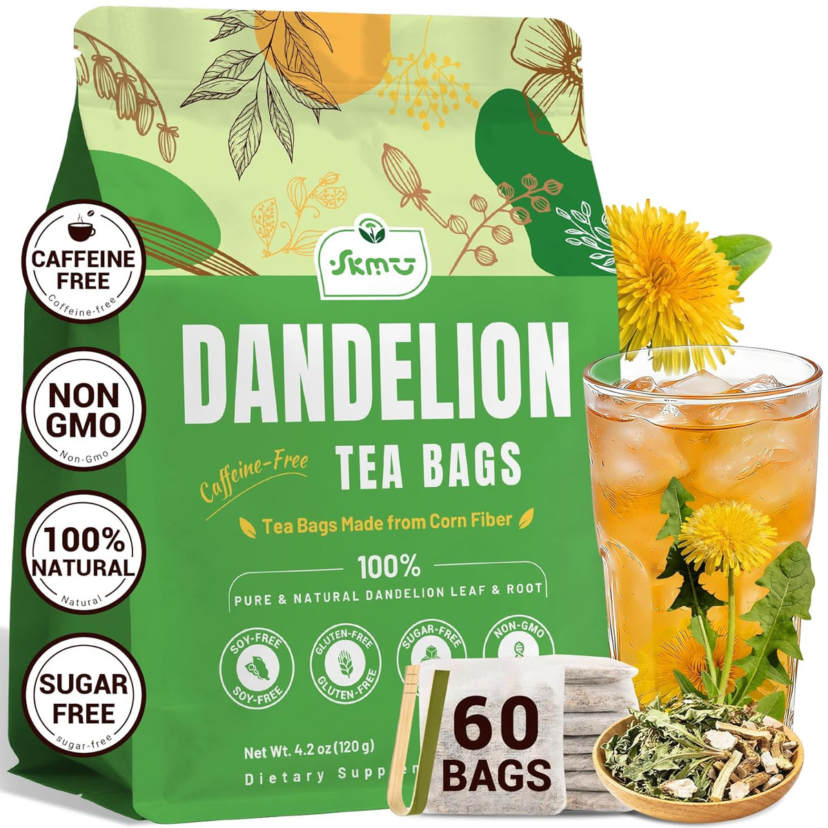 SKMTT Dandelion Leaf & Root Herbal Tea Bags - Caffeine-Free, No Sugar, 60 Teabags