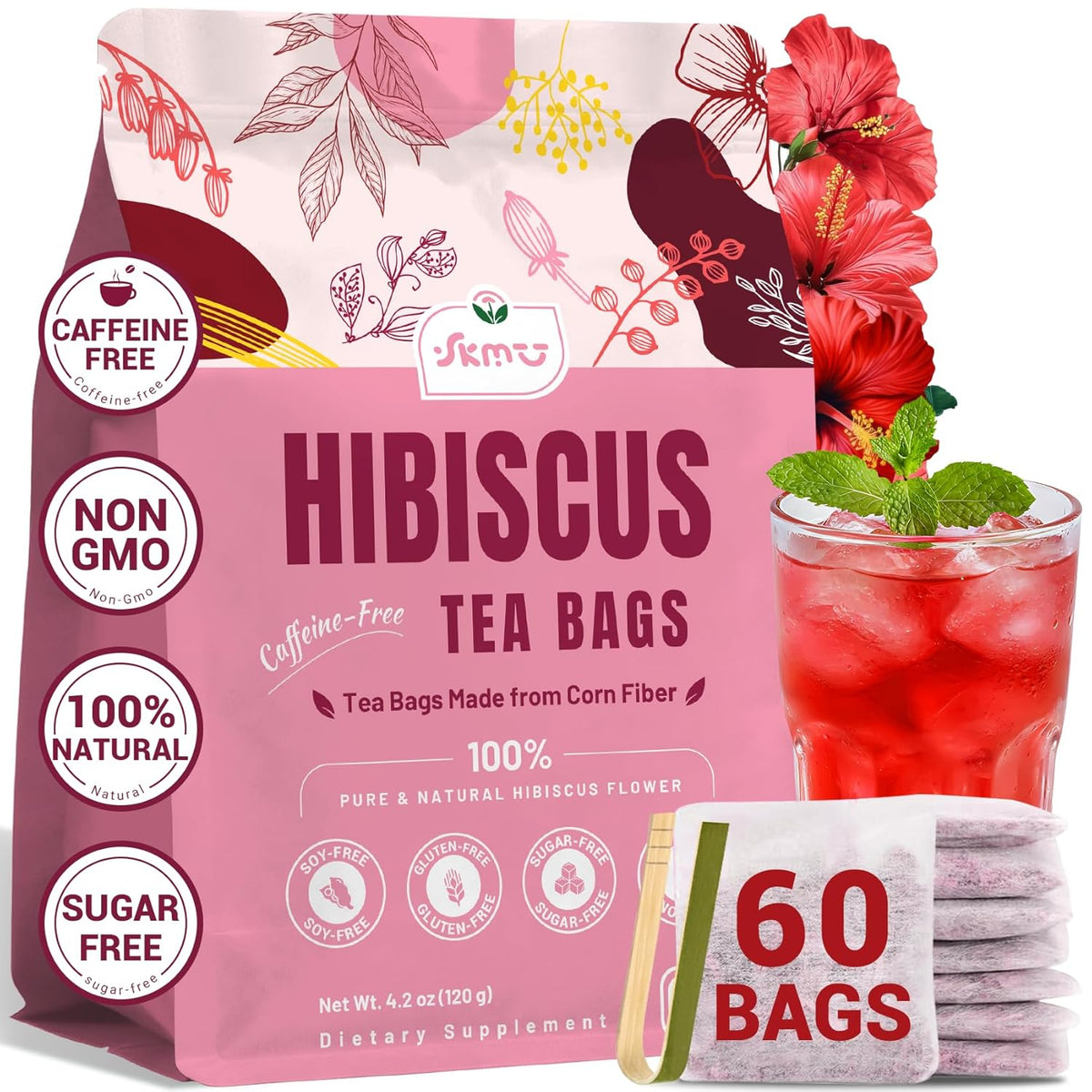 SKMTT Hibiscus Herbal Tea Bags - Caffeine-Free, No Sugar, 60 Teabags